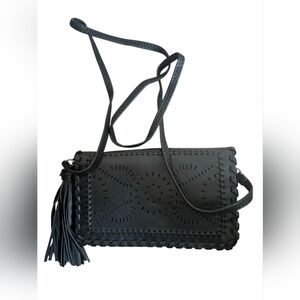 Black Lazer Design Braided Tassel Crossbody Bag